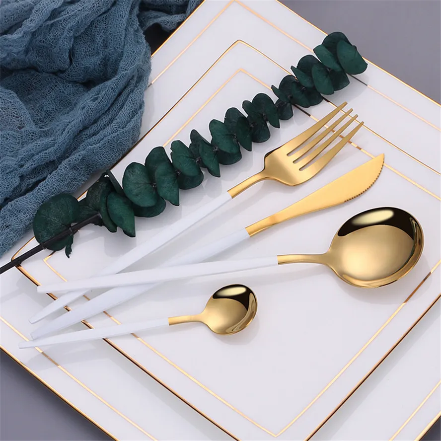 

White Gold Tableware Set Fork Spoon Knife Kitchen Cutlery Set 18/10 Stainless Steel Dinnerware Dinner Set Silverware Holiday