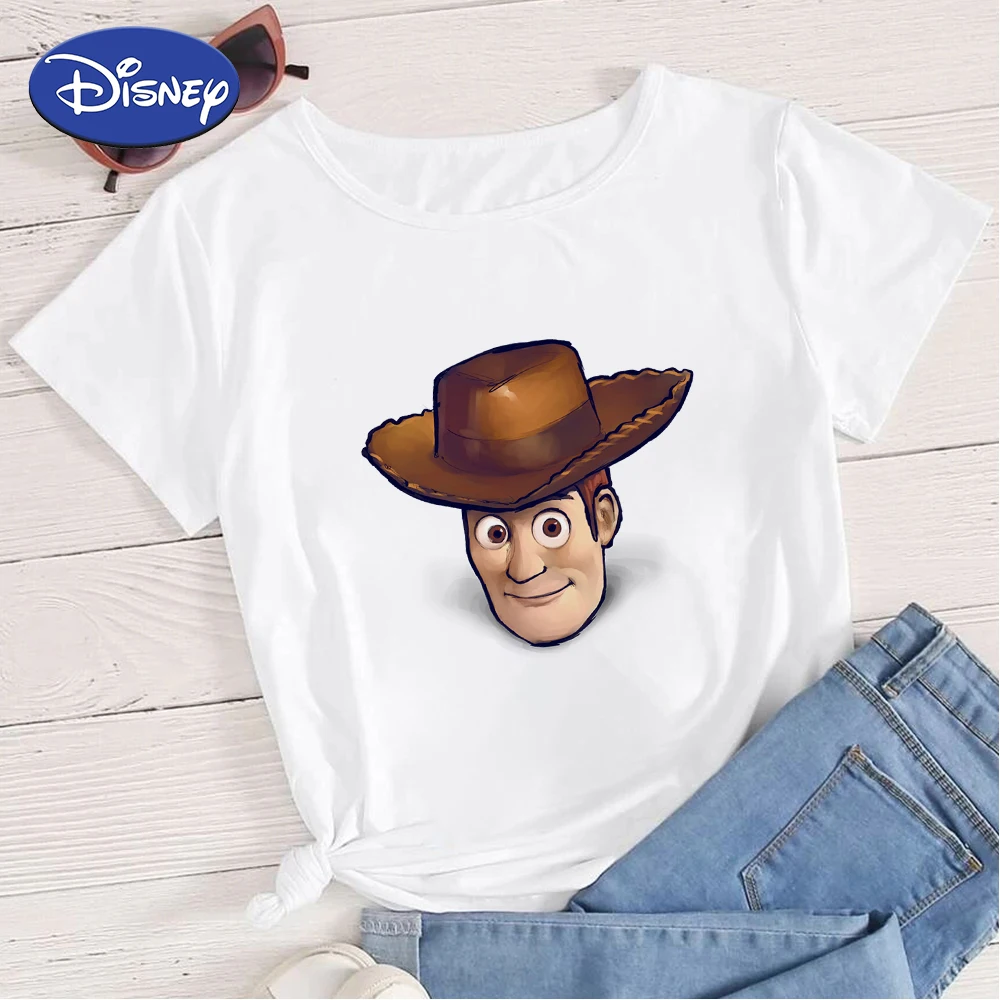 

Disney Femme T-shirt Toy Story Woody Printed Young Happy Tops Summer Casual Women Tees Fashion Cartoon White Tshirt Wholesale