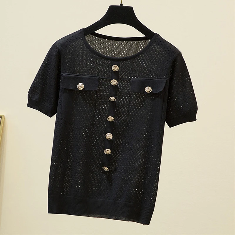 

2021 Summer Thin Knitted Tshirts Women Short Sleeve O Neck Korean Fashion Casual Pockets Button T-shirt Femme Tops Women Clothes