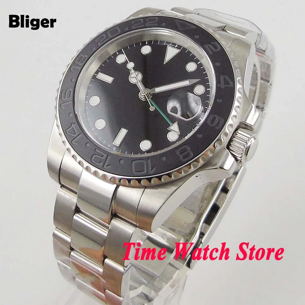 

New arrive Bliger 40mm black sterile dial luminous saphire glass ceramic Bezel GMT Automatic movement men's watch 1008