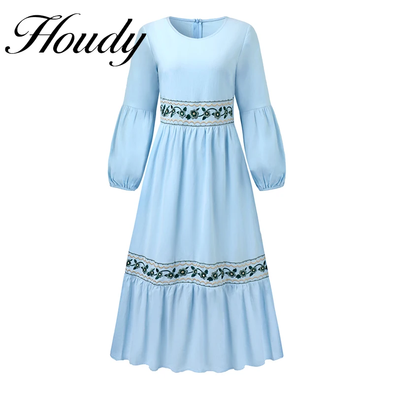 

New Summer Mid-Length Dress Women 2022 Elastic Pattern Embroidered Waist Pure Cotton Casual Bohemian Holiday Style Sweet Robe