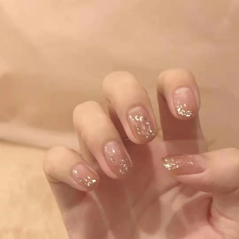 

24pcs Milk Tea Gradient Color Gold Foil False Nail Wearing Nail Tips Clear Finished Fake Nail Waterproo Nail Patch DIY Nail Art