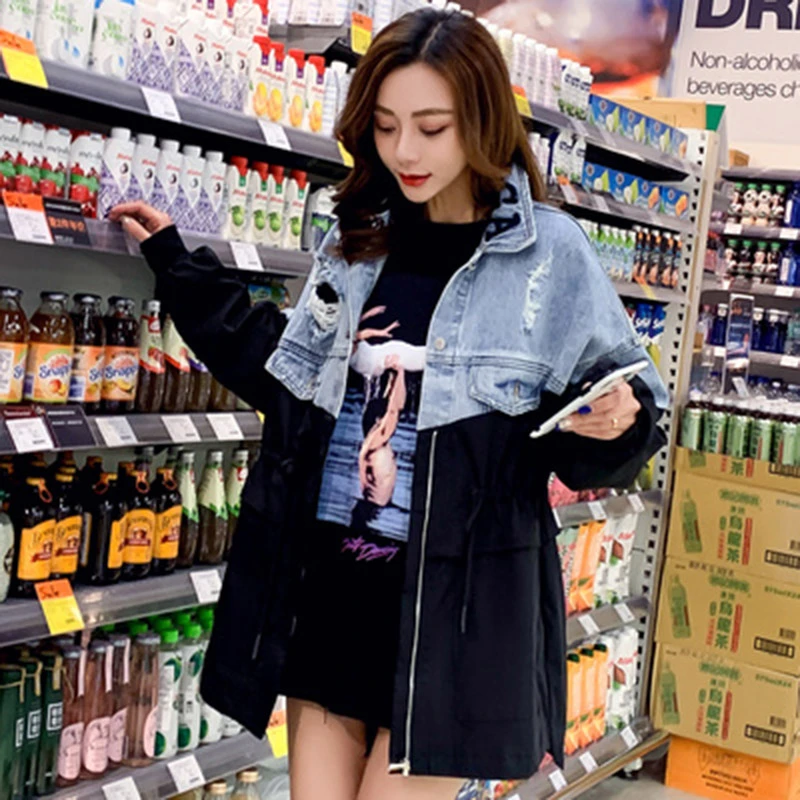 Женская джинсовая ветровка на завязках повседневное Свободное пальто