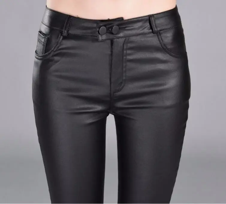 Autumn Winter women leather pants High Waisted elastic shiny trousers slim female pencil pantalon femme | Женская одежда
