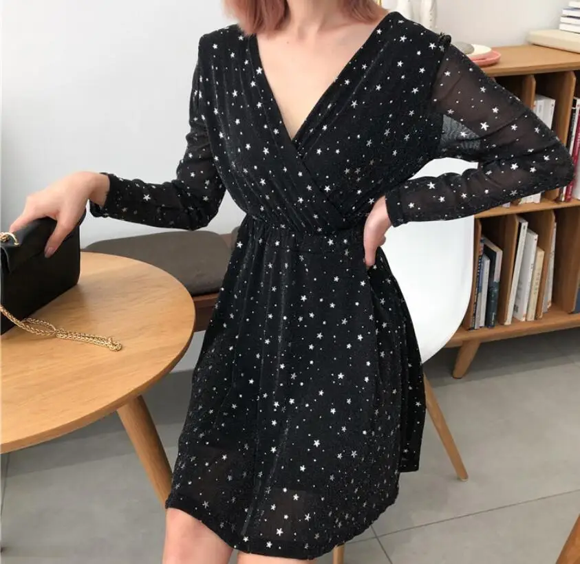 Платье с v образным вырезом и принтом звездное небо звездная луна черные вечерние
