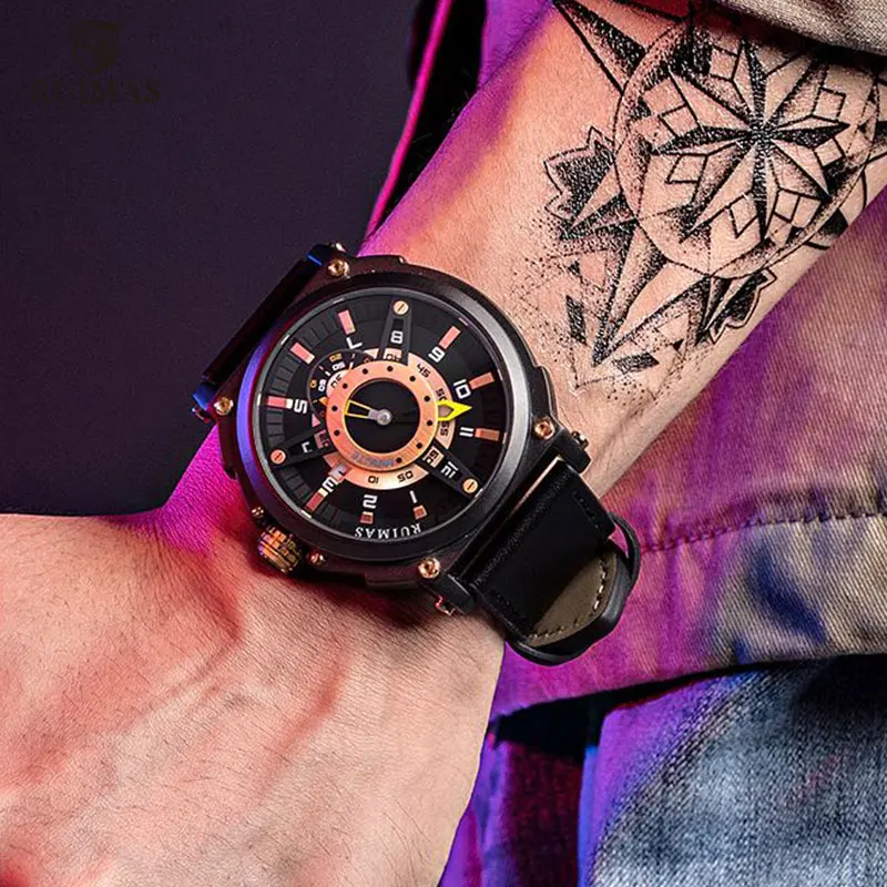 Мужские часы Ruimas брендовые Роскошные Водонепроницаемые наручные с кожаным