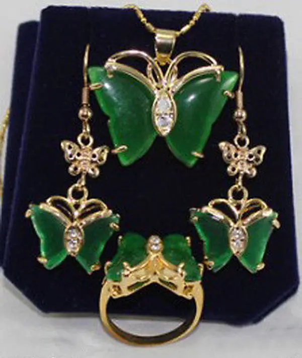

D186 new Style Hot sale***BEAUTFUL GREEN jade BUTTERFLY EARRINGS RINIG NECKLACE SETS Fashion Wedding Party Jewellery