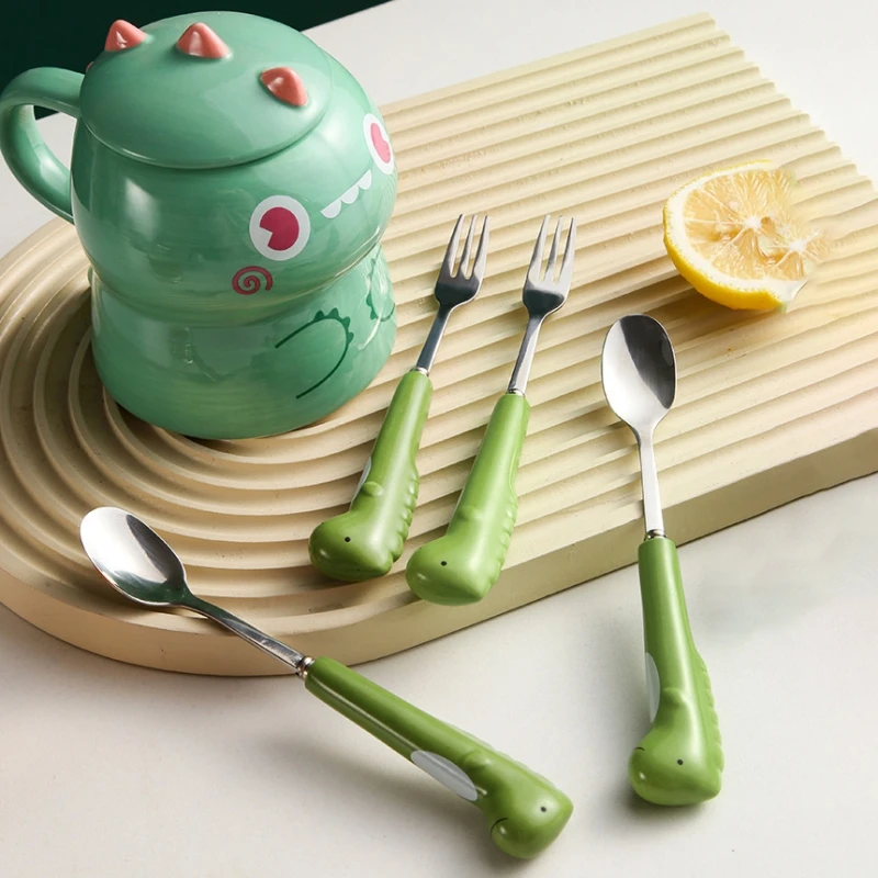 

Stainless Steel Dinosaur Shape Spoon Fork Set Ceramic Handle Household Dessert Coffee Spoon Fruit Fork Training Fork and Spoon