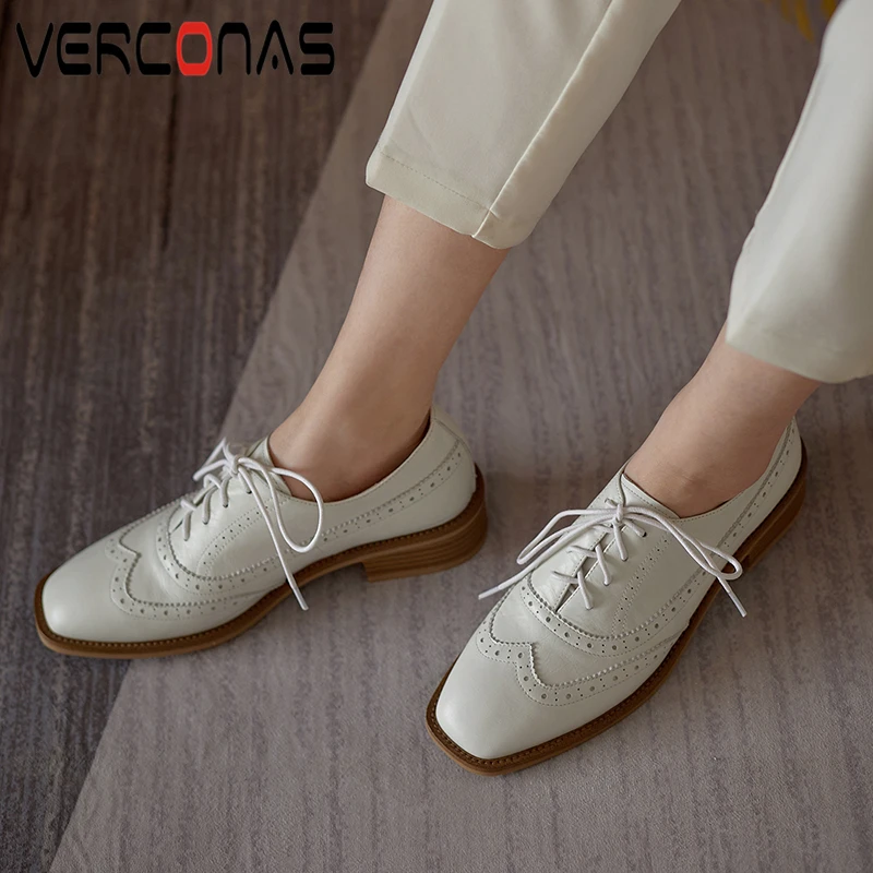 

VERCONAS для отдыха, с квадратным носком, на шнуровке, женские туфли-лодочки на шнуровке; Женская обувь с резным узором из натуральной кожи Обувь...