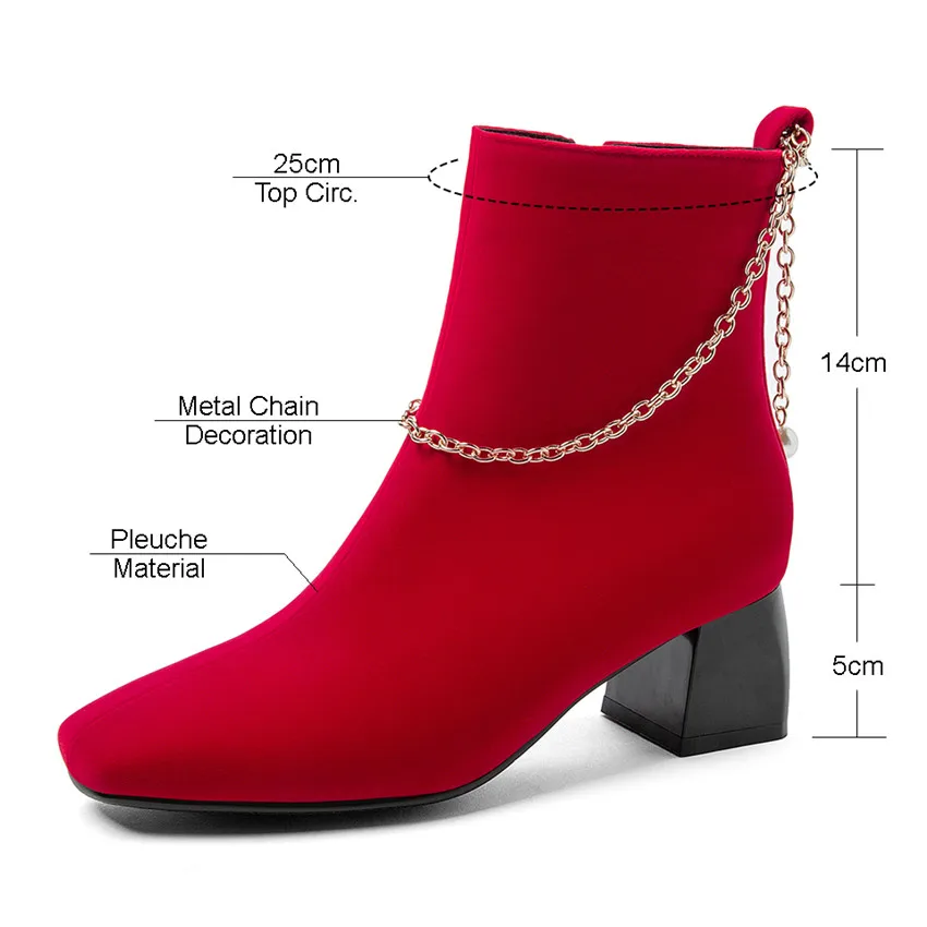 

Big Size Winter Women Ankle Boots Black Red Pleuche High Block Heels Square Toe Ladies Warm Plush Metal Chain Zipper Short Boots