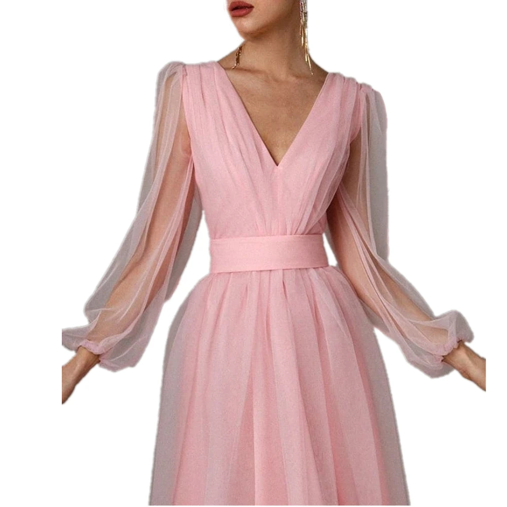 

2021 Women Spring Summer Lantern Long Sleeve V-Neck Maxi Dresses Elegant Mesh Tulle Sexy Party Club Dress Female Vestidos