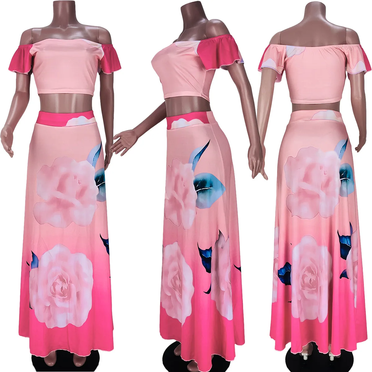 

Echoine Floral Print Off Shoudler Sexy Crop Top Long Maxi Skirt Set Dress Party Club Outfits Two Piece Set Pink Flower Set