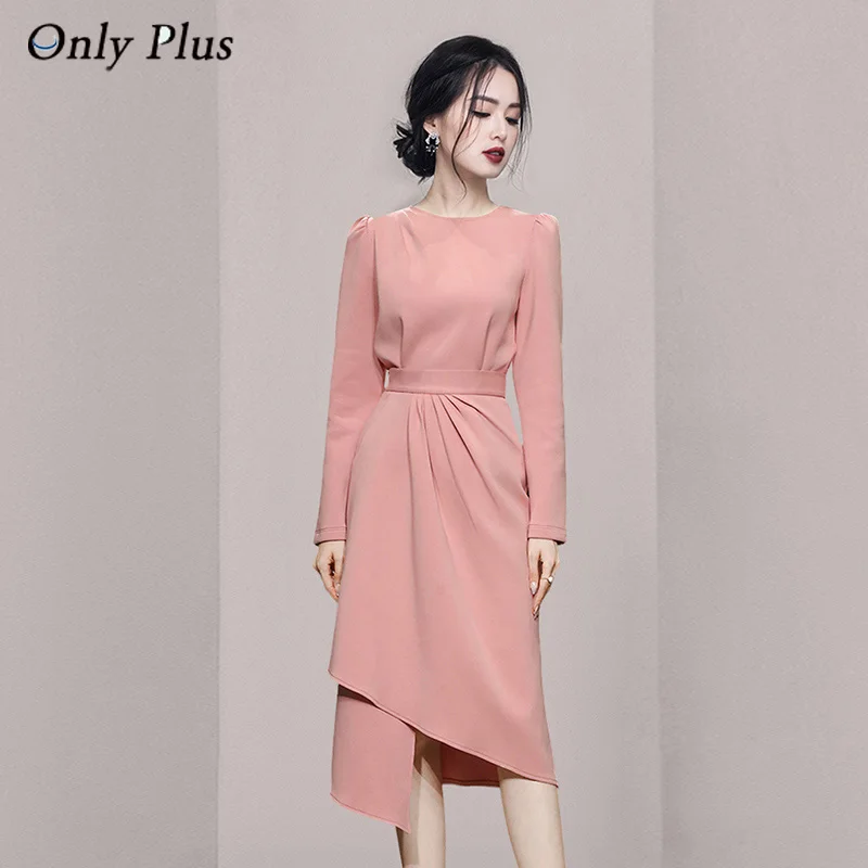 

EVNISIPink Pullover Zipper O-neck Solid Top A-line Asymmetrical Skirt Suit Slim Long Sleeve Elegant Office Lady Vestidos