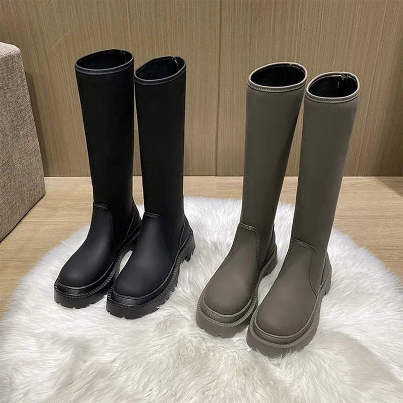 

Women's Long Boots Autumn Winter PU Low Heel Ladies Knee High Boot 2021 Fashion Women Shoes Slip On Platform Footwear Female