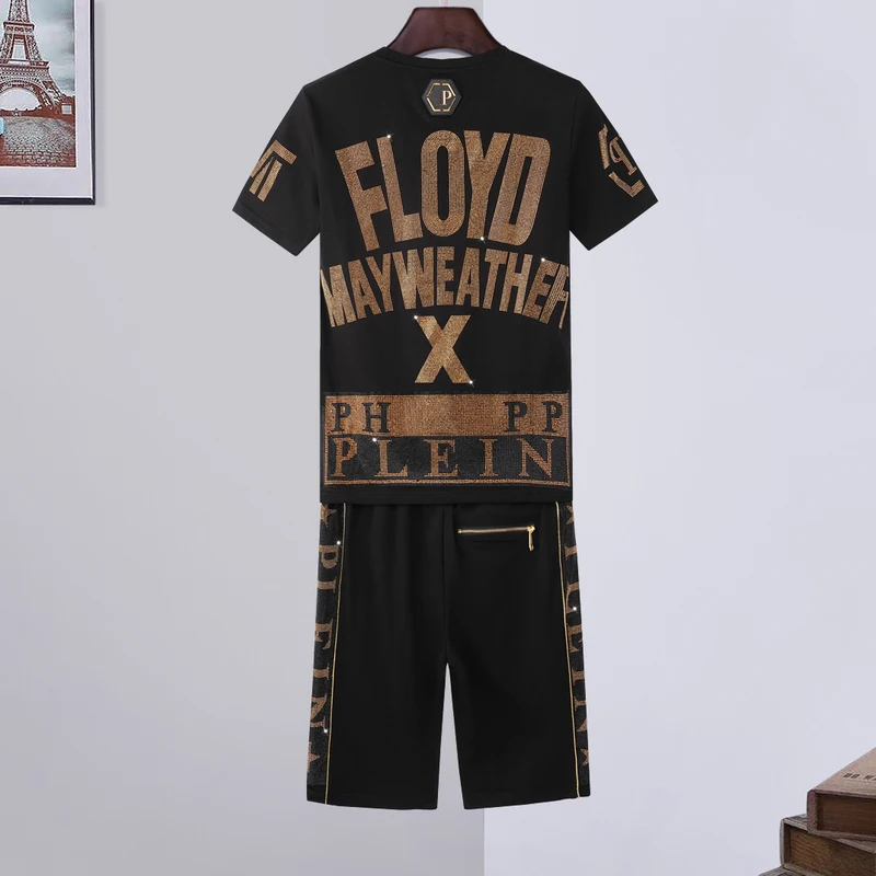 

2021 short-sleeved suit plein letter creative golden hot diamond heavy industry summer pp men's shorts 2-piece set high street