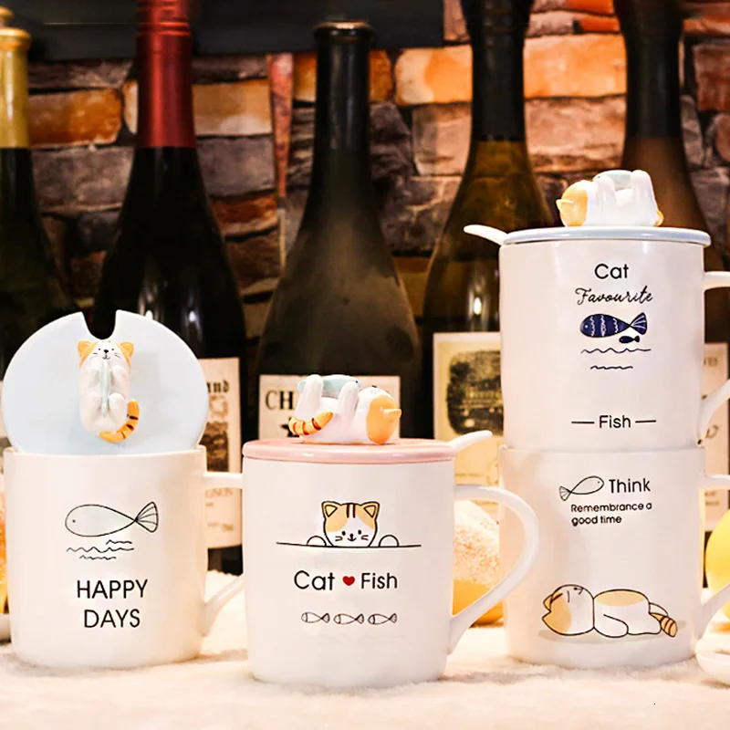 Керамические кофейные кружки с ложкой и изображением милого мультяшного кота