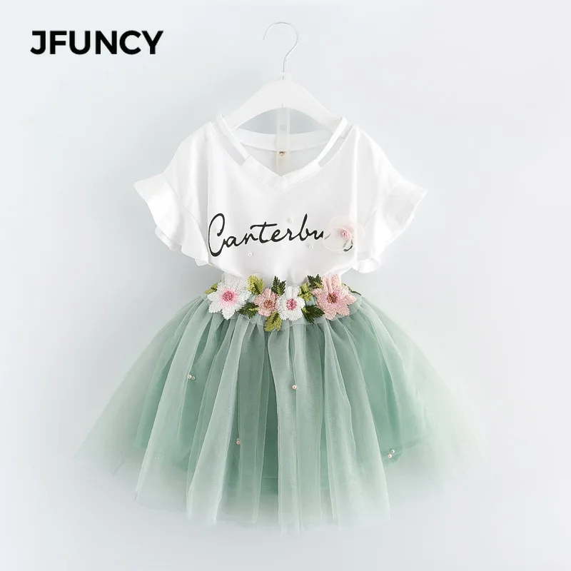 

JFUNCY Children's Clothing Two Sets Summer Flowers Print T-Shirt Skirt Fashion Princess Dress Comfortable Girls Dresses