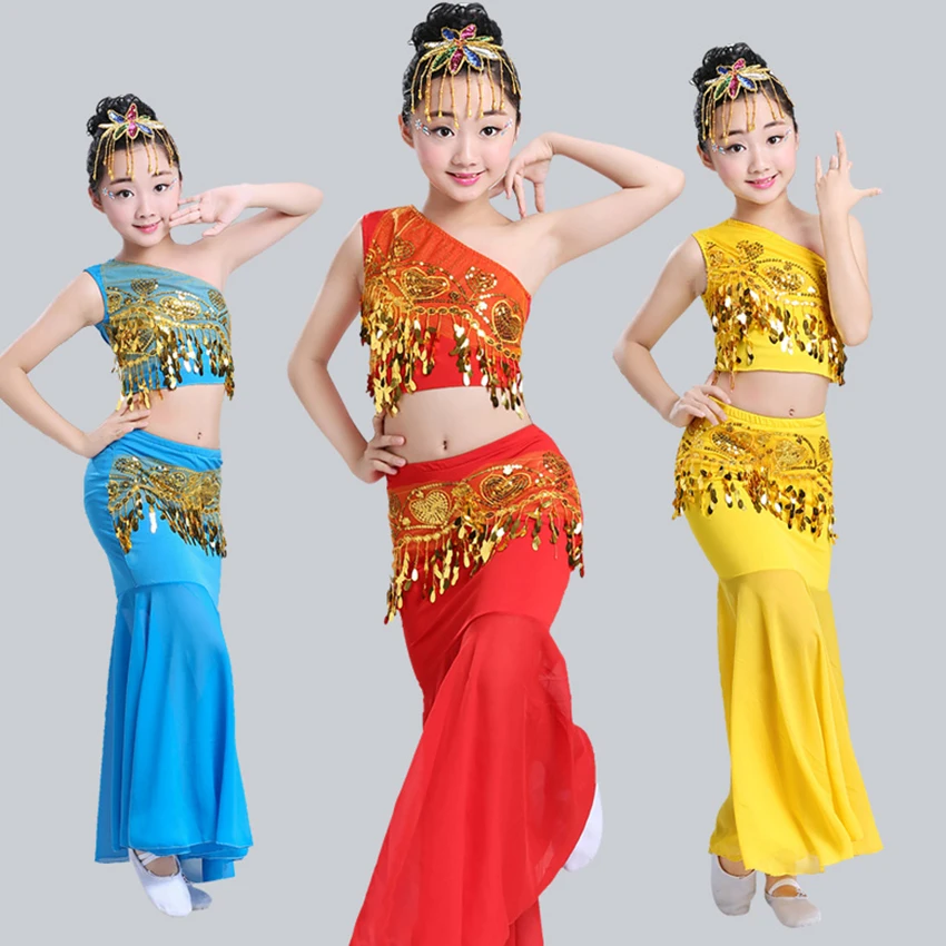 100-160CM Belly Dance Children's Day Women Shoulder Off Girl Cosplay Stage Sequin Oriental Costumes for Kids Skirts Tail Fish images - 6