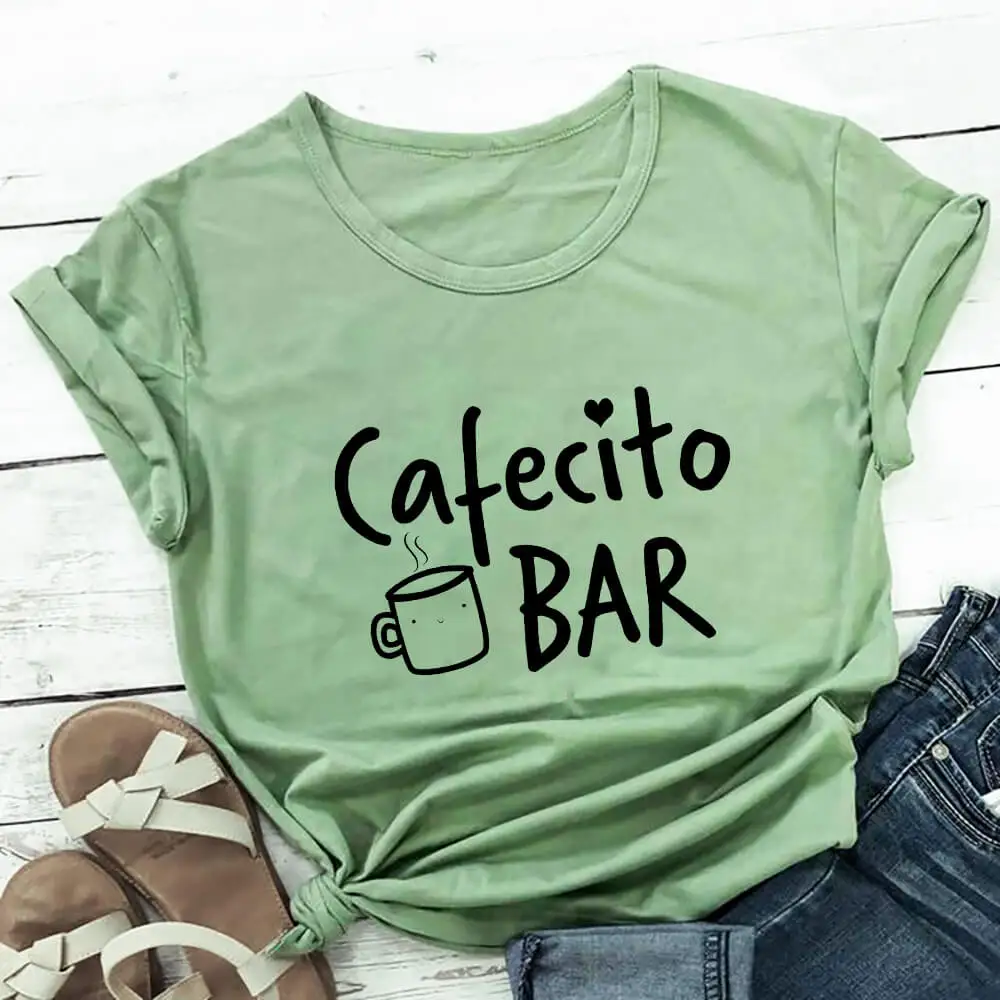 

Женская футболка Cafecito Bar с принтом из 100% хлопка, кофейные забавные Летние повседневные кофейные рубашки с коротким рукавом для влюбленных, п...