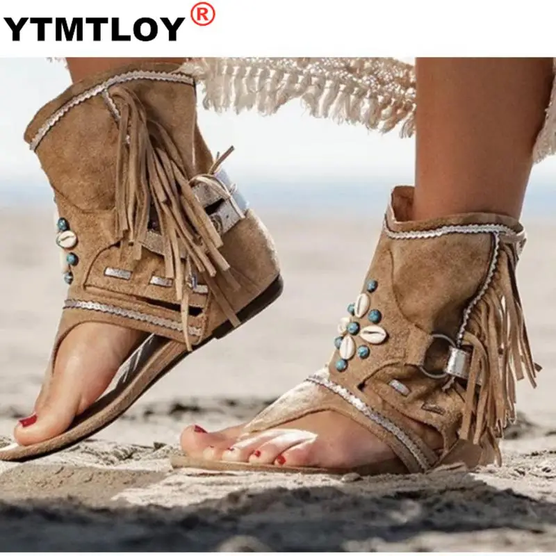 Сандалии женские из флока на танкетке пляжные шлепанцы Цветочная бахрома