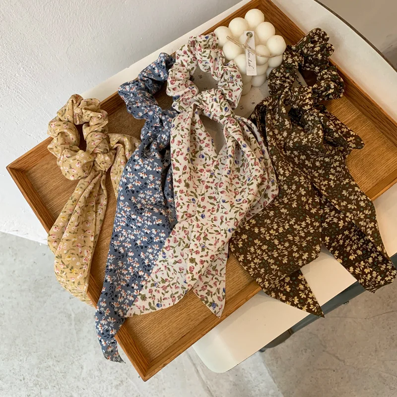 

Floral Print Women Girls Hair Ring Rope Ties Long Ribbon Elastic Ponytail Holder Rubber Bands Korean Headwear Hair Accessories