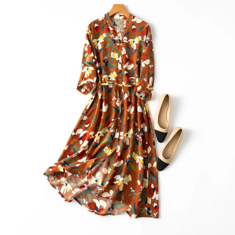 

Fashion 100% Silk Summer Dresses for Women Casual 2021 Long Shirt Dress Female Floral Elegant Ladies Dresses Robe Femme Pph5047