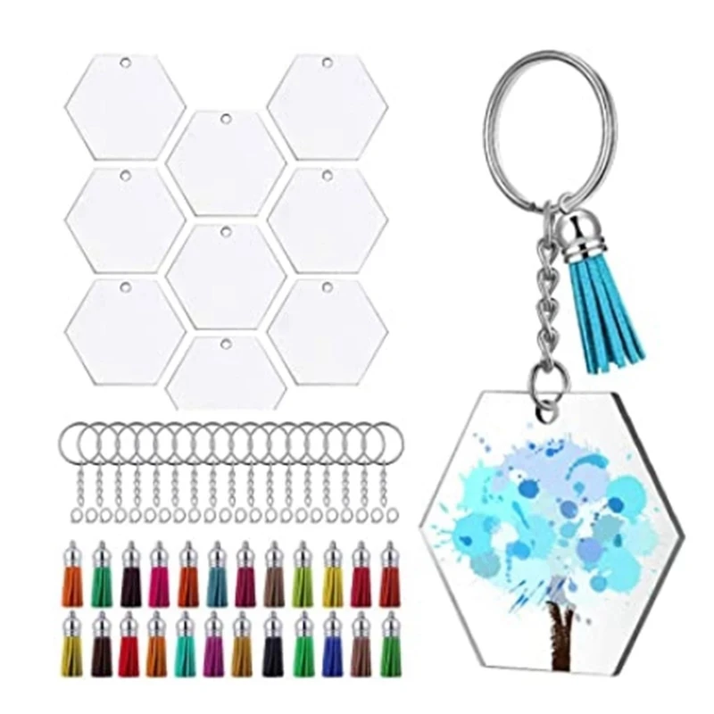 

90Pcs Acrylic Transparent Discs Hexagon Keychain Blanks Charms and Tassel Pendants Keyring with Chain for DIY Crafts
