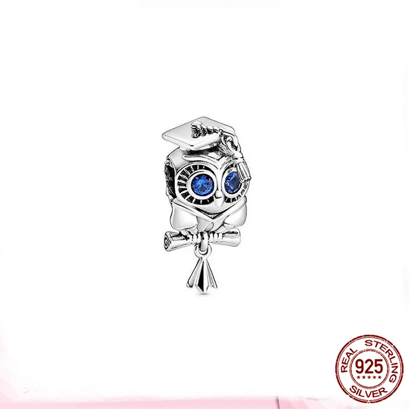 

100% Real 925 Sterling Silver Wise Owl Graduation Charm Beads Fit Original 3mm Charm Bracelet Necklace DIY Jewelry Making