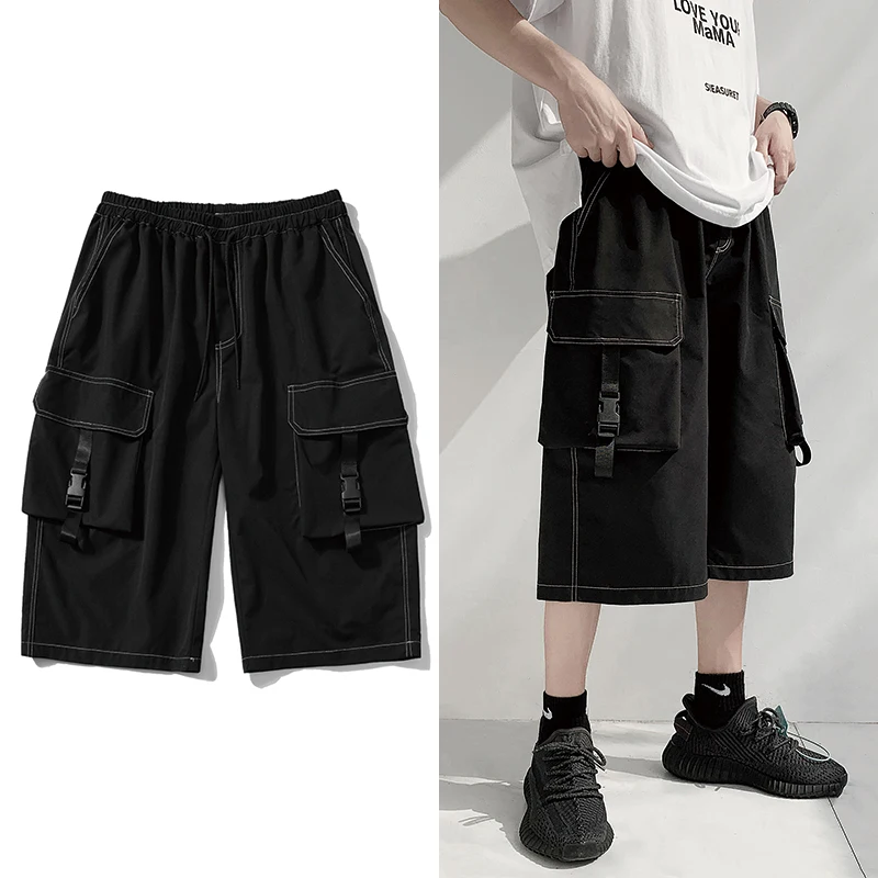 

2021 Joggers Men Black Harem Pants Multi-pocket Ribbons Man Sweatpants Streetwear Casual Calf-Length Hip Hop Mens Cargo Pants