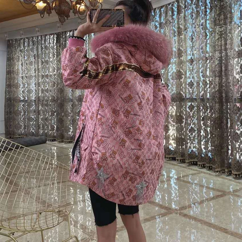 

parka real fur winter coat women 2021 new fashion hooded with real fur collar warm jacket bear pattern rabbit fur linner
