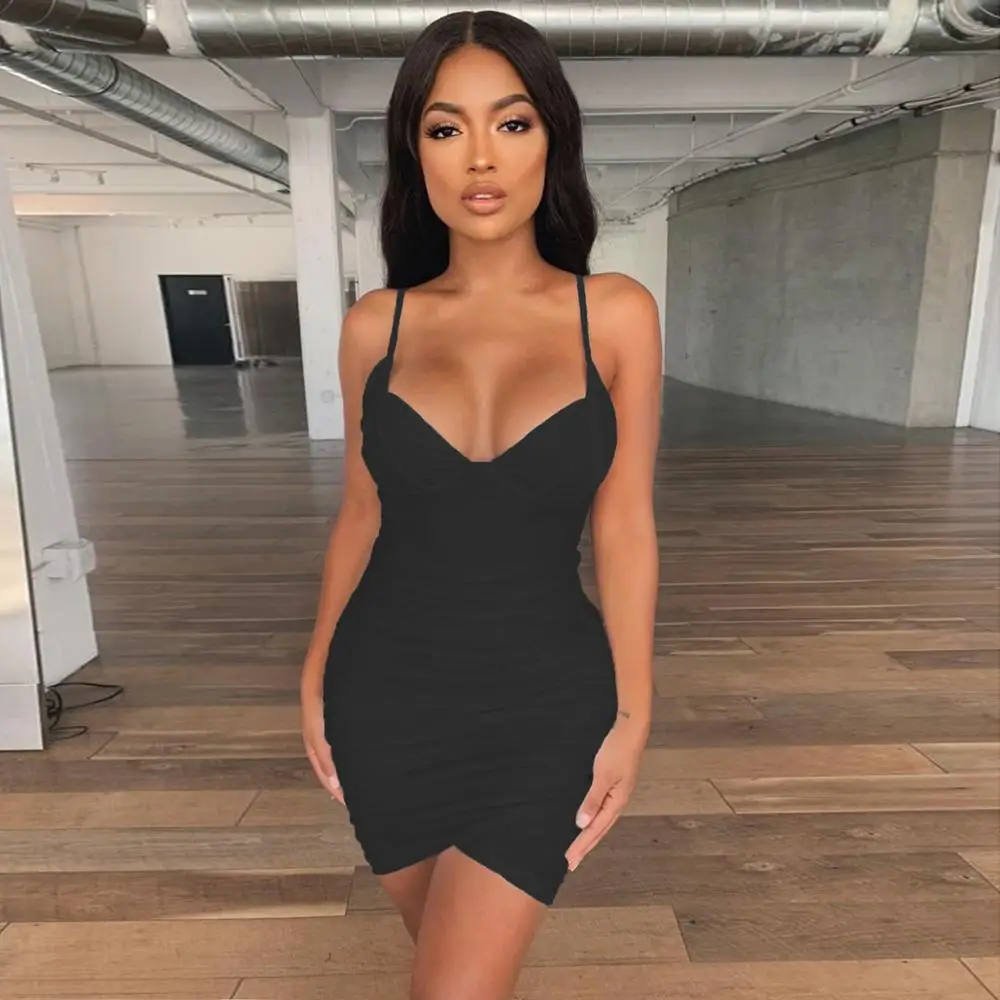 

Women Spaghetti Strap V Beck Bodycon Dresses Ruched Skinny Backless White Mini Club Party Dress Sheath Vestidos Female