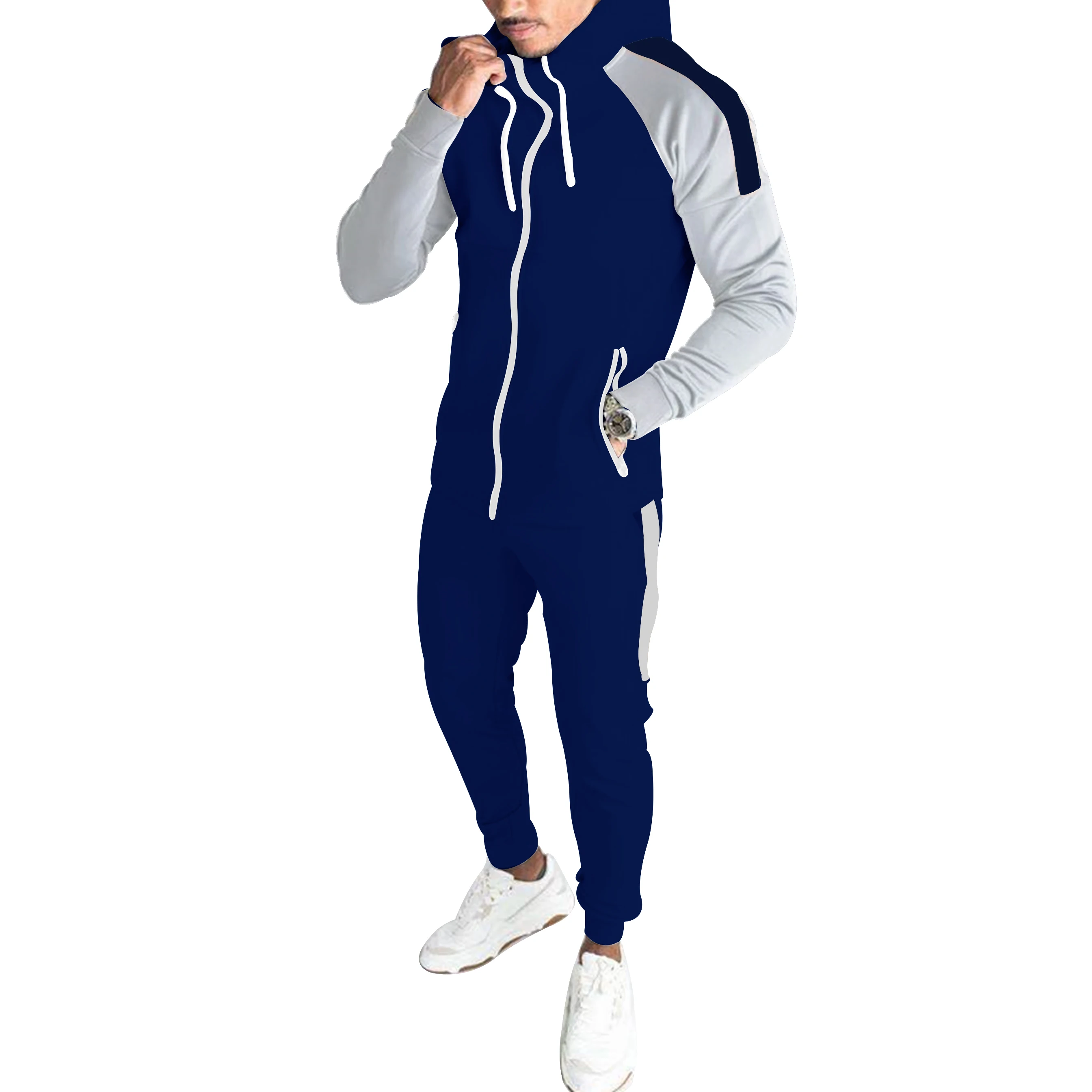 Новинка 2021, осенне-зимняя мужская спортивная одежда для бега, однотонный костюм + брюки, толстовка на молнии, теплая Модная Повседневная оде...