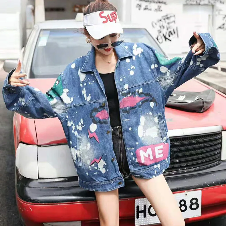 

blue Skeleton Clown print denim jacket women coat fashion Snowflake Watermark jeans jackets loose outerwear