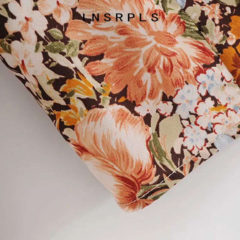 

INSPRLS Women Fashion With Bow Tied Floral Print Cropped Blouses Vintage Long Sleeve Button-up Female Shirts Chic Tops