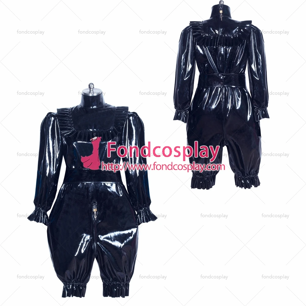 

fondcosplay adult sexy cross dressing sissy maid French lockable black thin PVC jumpsuits Romper costume Tailor-made[G3914]