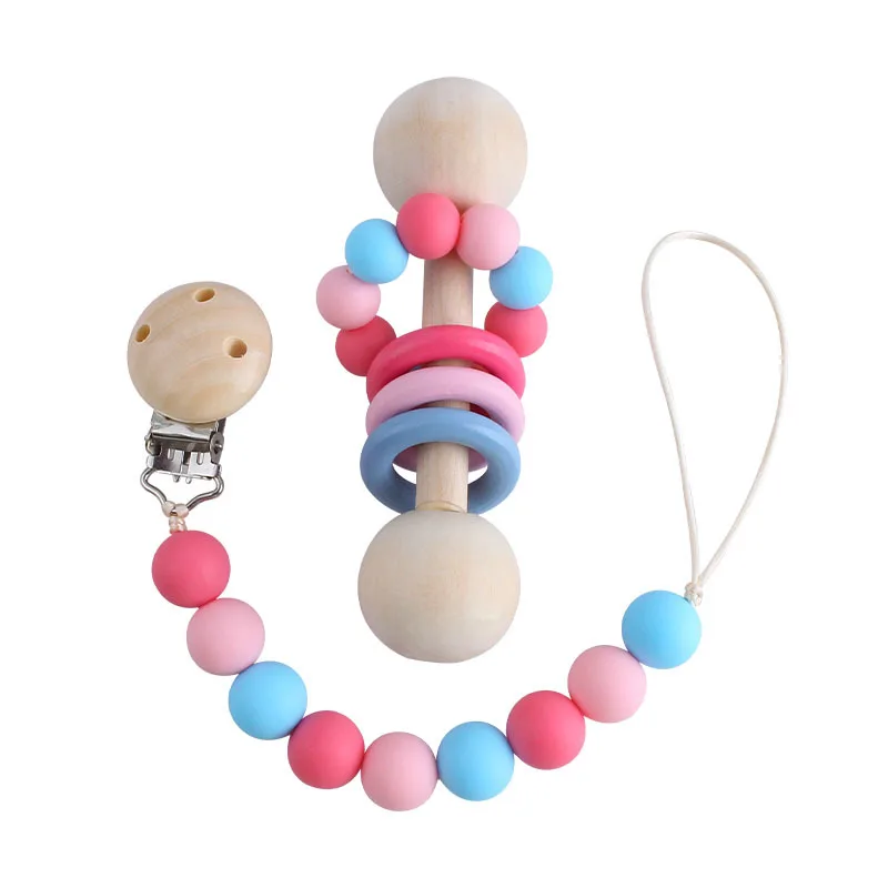 

2pcs Food Grade Silicone Beads Beech Clips Pacifier Chain Wooden Rattle Hand Teething Baby Educational Toy Set