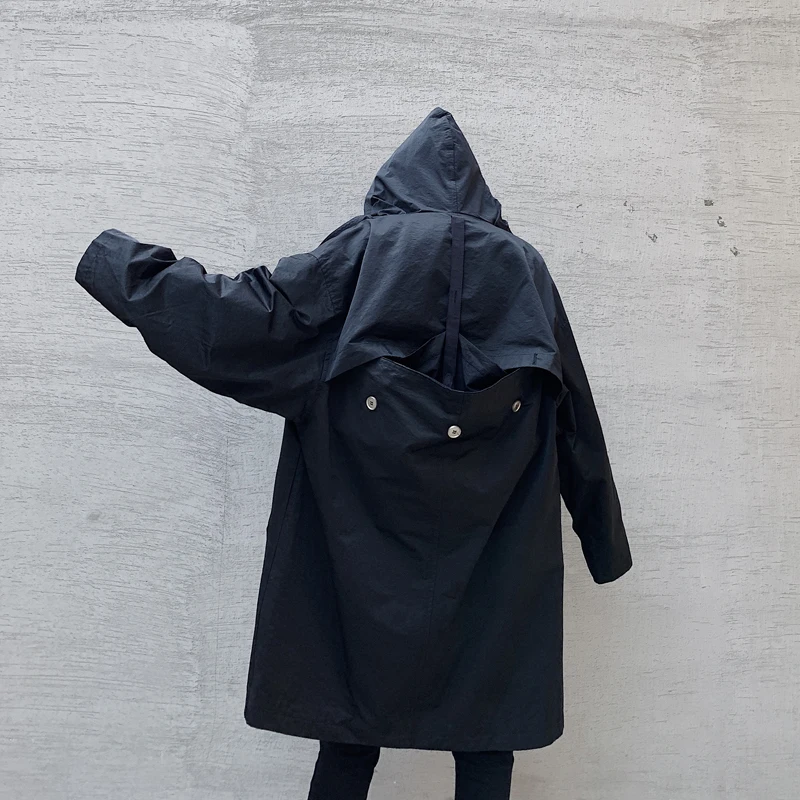 Куртка мужская длинная с капюшоном пальто лентой сзади на пуговицах в стиле хип