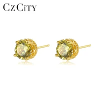 czcity 100 925 sterling silver small stud earrings yellow round gemstone jewelry for women girls dating birthday gifts se442