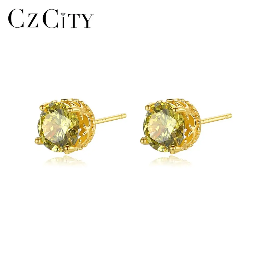 CZCITY 100% 925 стерлингового серебра серьги гвоздики с желтым круглым драгоценный