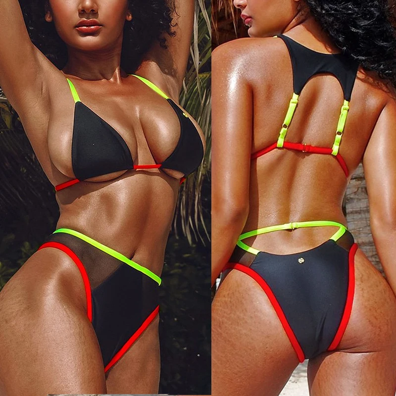 Черный сетчатый бикини с высокой талией летние купальники Женский треугольный