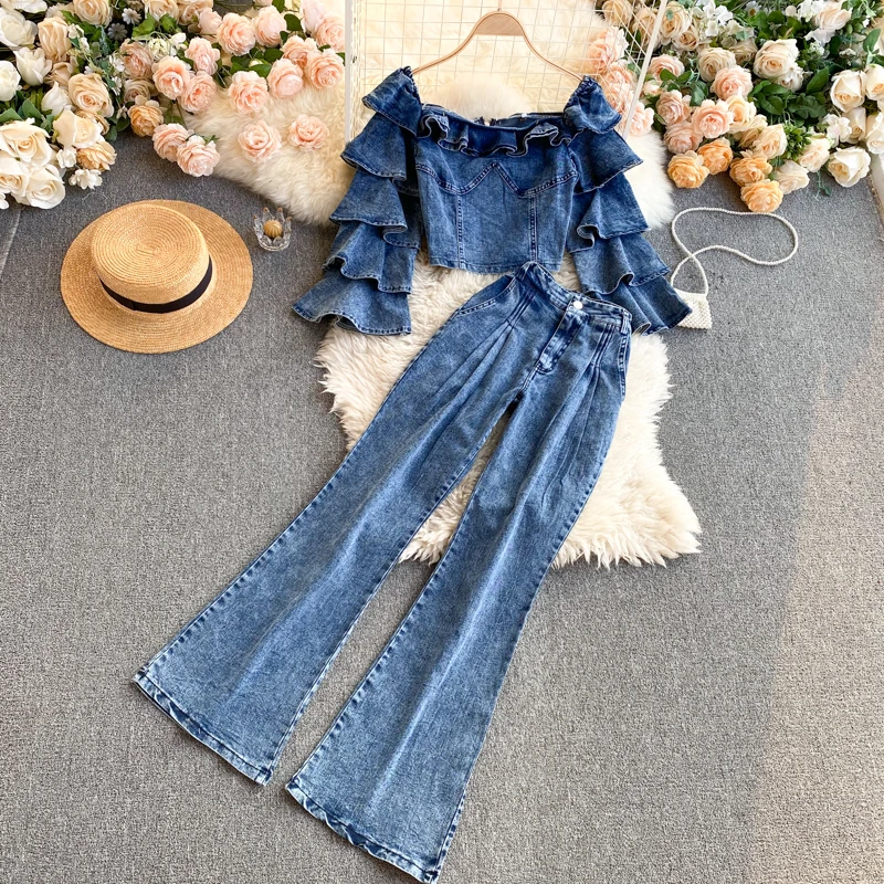 Women Layer Sleeve Zipper Jeans Tops+Pants Two Piece Sets Off Shoulder Jackets Denim Flared Trousers Suits for Woman