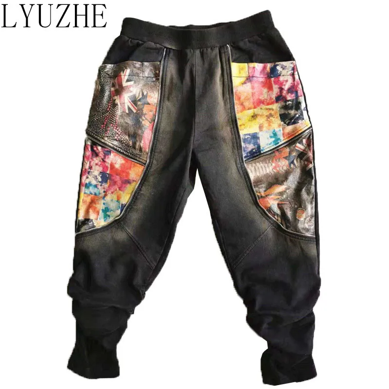 

LYUZHE Vintage Winter Patchwork Women Pants 2021 Elastic Waist Female Denim Trousers Spliced Women Pencil Pants Black QDY143