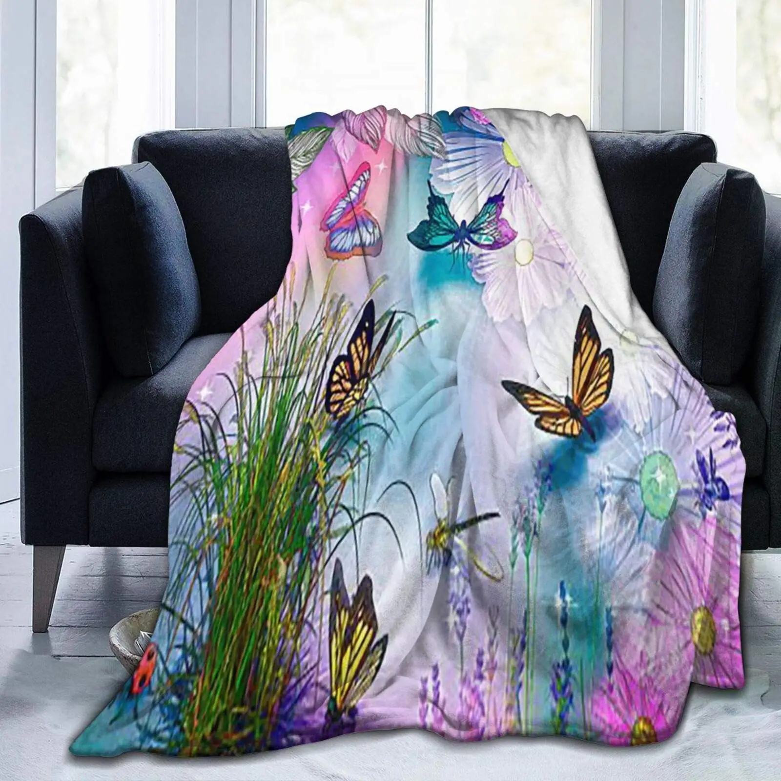 

Супермягкое фланелевое одеяло с бабочками и цветами, легкий пушистый флисовый плед 40 х50 дюймов, покрывало для кровати, дивана