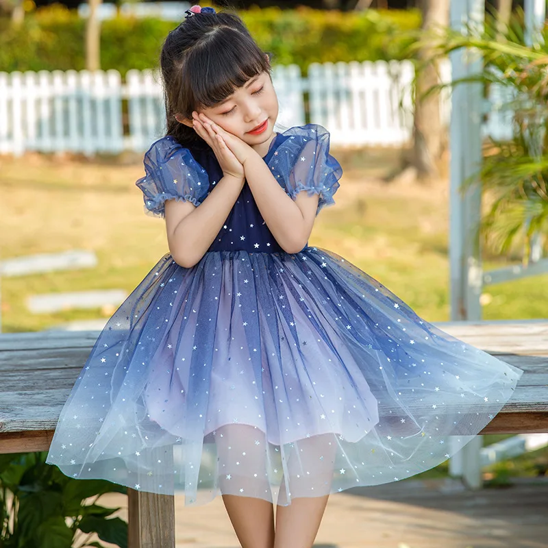 

New Princess Dress Children's Spring Summer Dress Girl's Birthday Party Dress Round Neck Mesh Dress WIth Puff Sleeves