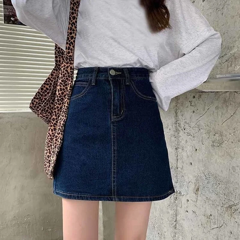 

Denim Skirts Women Summer Vintage Ins Fashion All-match Washed A-line Skirt Girl Retro College Casual Simple Daily Studnet Chic