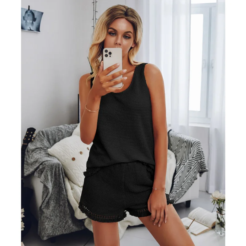 

2021 Summer Women Pants Sets Sltylish Tassel Solid Sleeveless Round Neck Vest Shirt+Shorts Casual Sport Suit