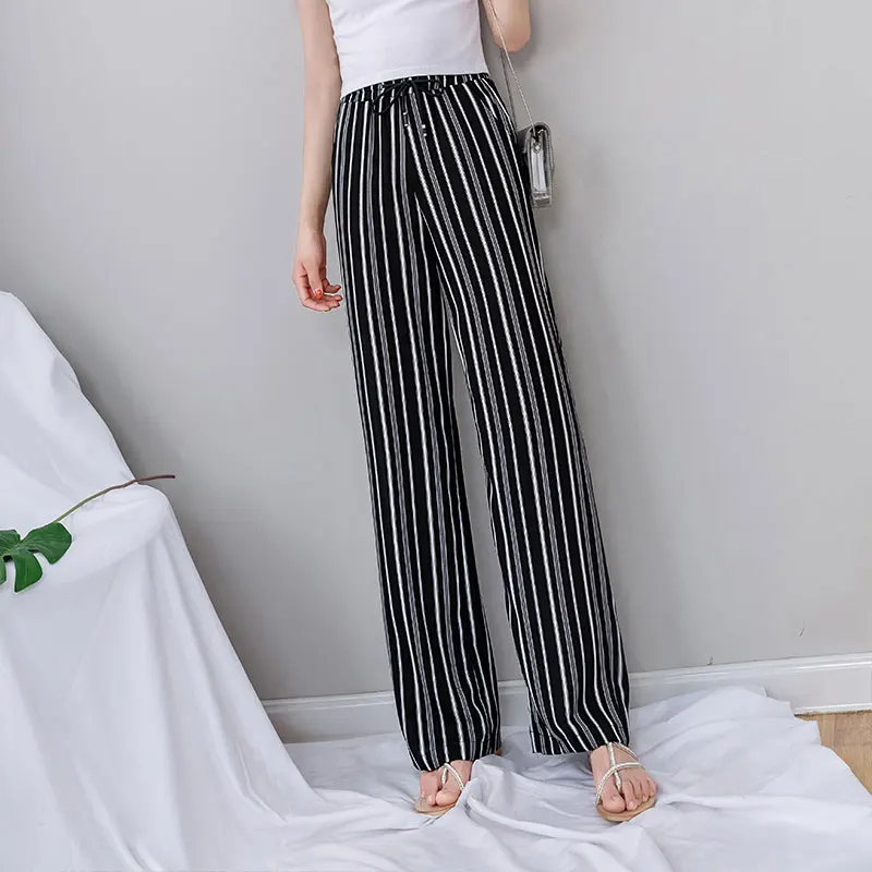 Черные Полосатые широкие брюки для женщин 2019 Летние шифоновые свободные белые