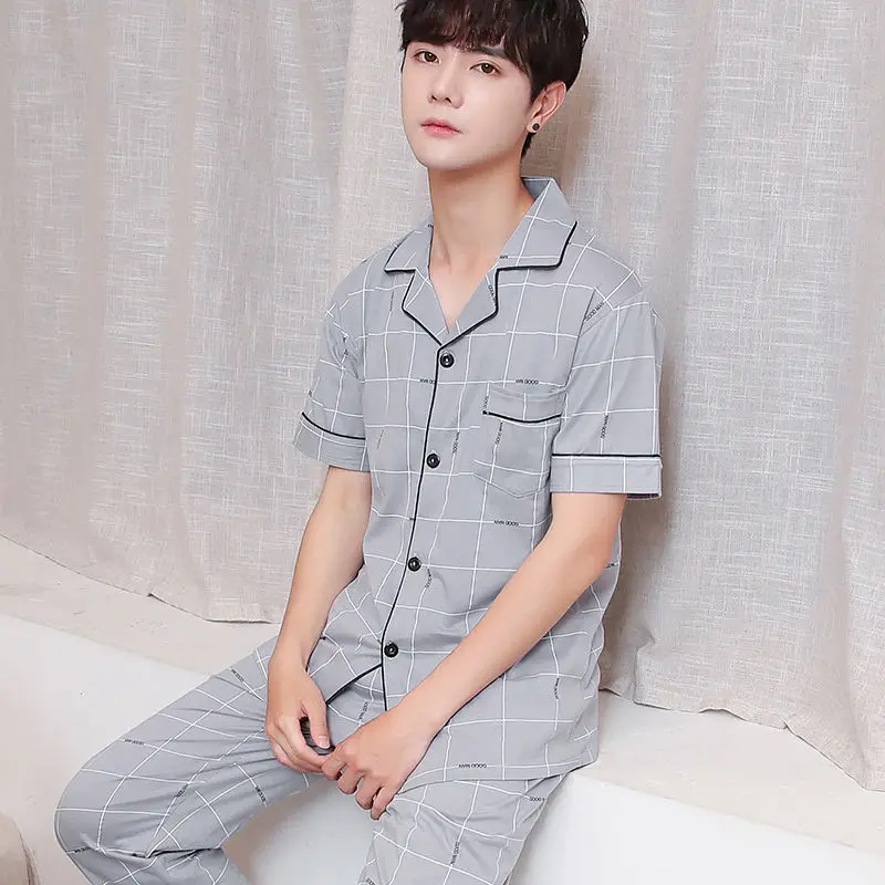 100% Cotton Pajamas Men's Summer Short-sleeved Men's Thin Section Spring and Autumn Long-sleeved Cotton Suit Home Wear