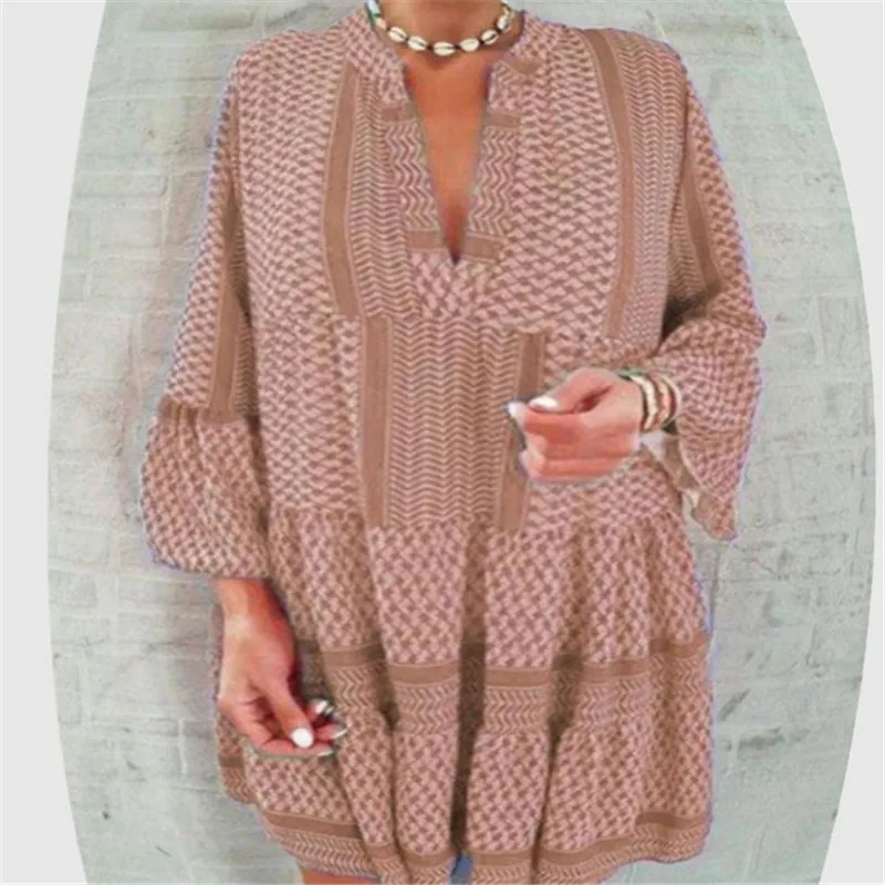 

2021 New Spring Boho Casual Loose Dress Plus Size 3XL Long Sleece V-Neck Beach Holiday Dress Women Autumn Printed Pleated Dress