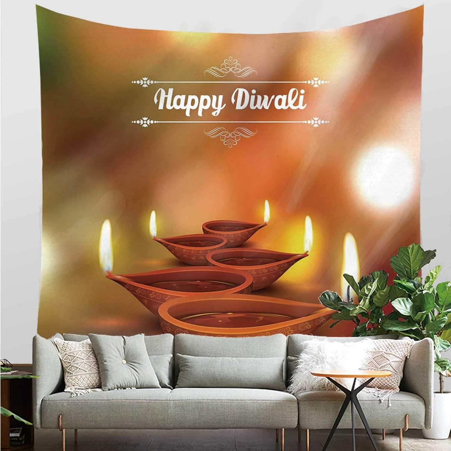 

Diwali Useful Tapestry,Eastern Religious Celebration with Best Wishes Happy Diwali Festive Spiritual Art Print for Dormitory